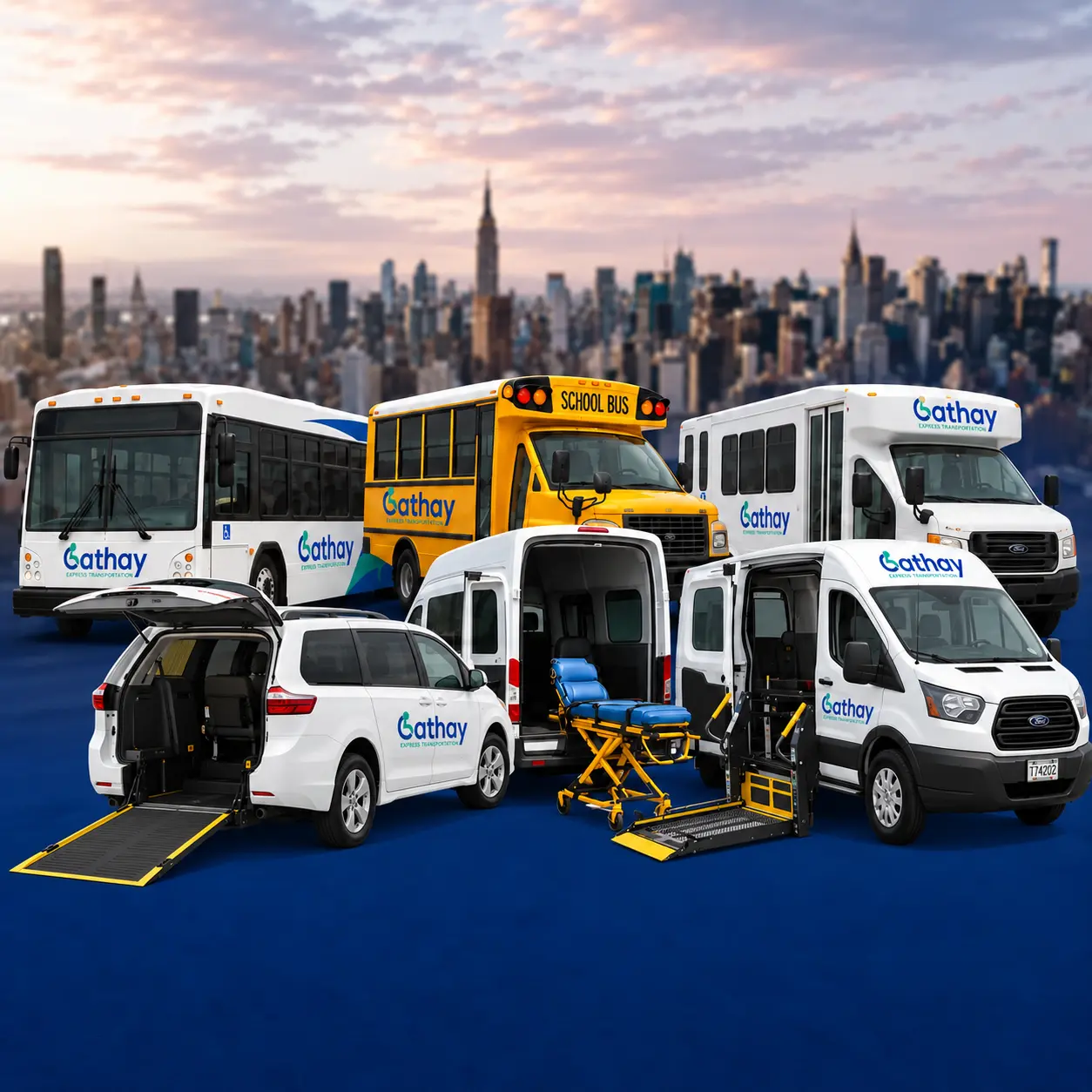 Cathay fleet with a rear-entry Toyota Sienna ramp, powered wheelchair-lift ambulette, stretcher van, school bus, paratransit bus, and city transit bus against the New York skyline