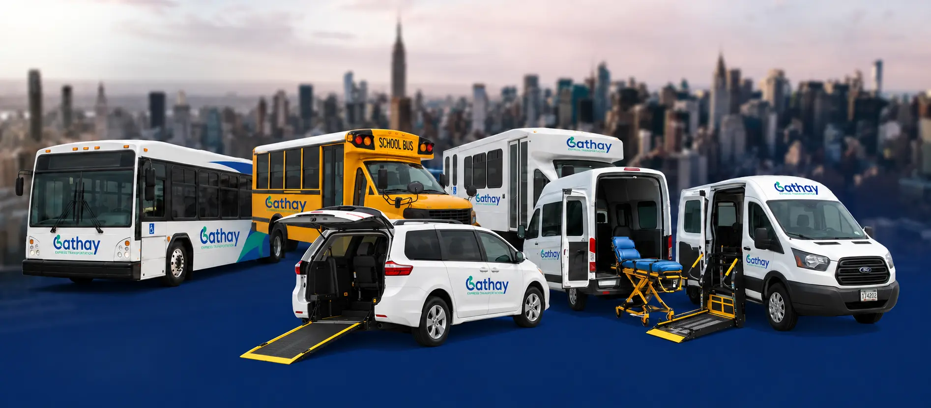 Cathay Express fleet with a rear-entry Sienna ramp, powered ambulette lift, stretcher van, school bus, paratransit bus, and public transit bus